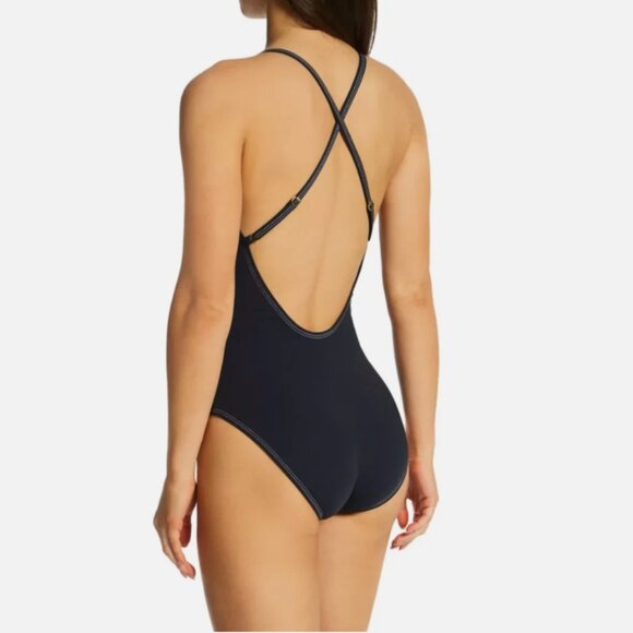 New! Blue Rod Beattie A Fine Line Belted Cross Back One Piece Swimsuit - Picture 3 of 7